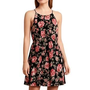Francesca's Blue Rain Black and Pink Floral Mini Dress High Neck A-Line Medium